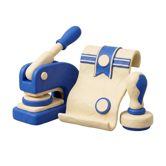 Notary public illustration in blue and ivory clay