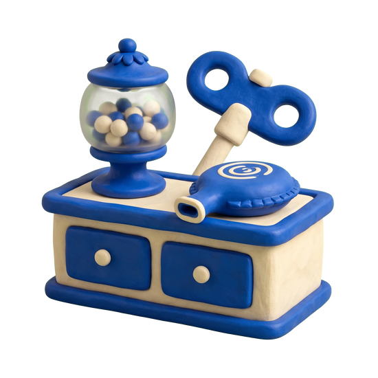 Novelty store illustration in blue and ivory clay
