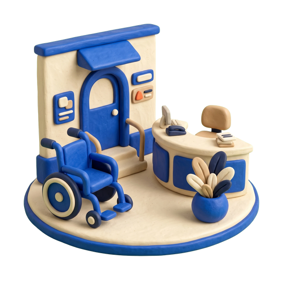 Nursing home illustration in blue and ivory clay