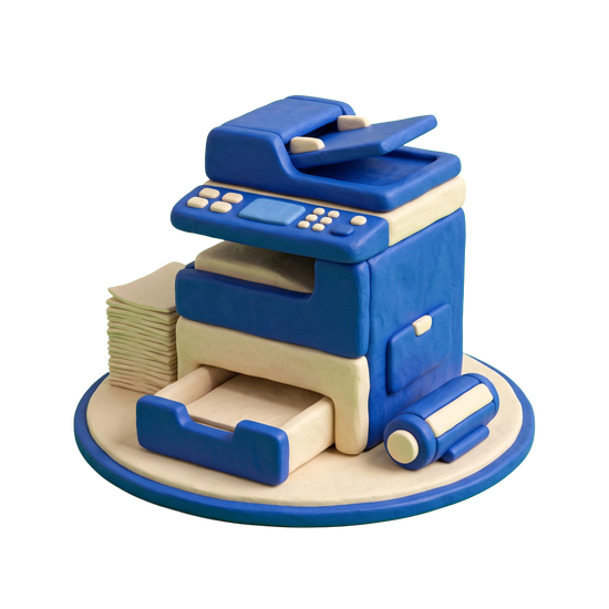 Office equipment supplier illustration in blue and ivory clay