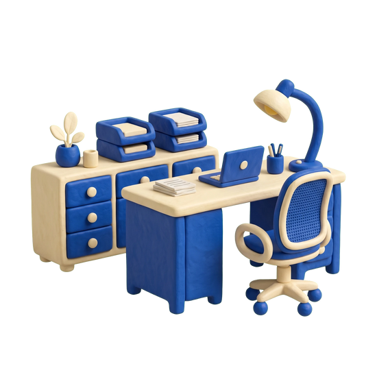 Office furniture store illustration in blue and ivory clay