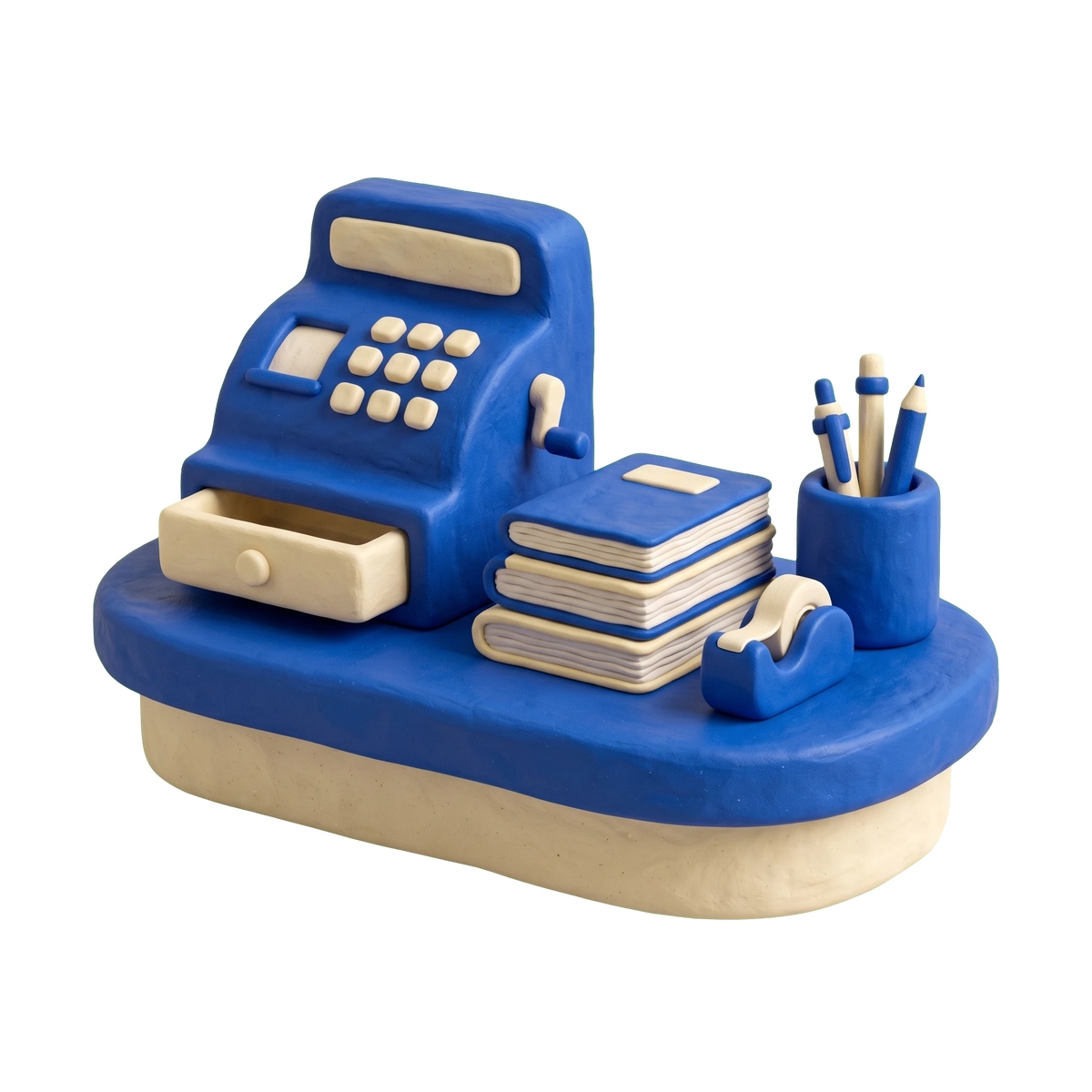Office supply store illustration in blue and ivory clay