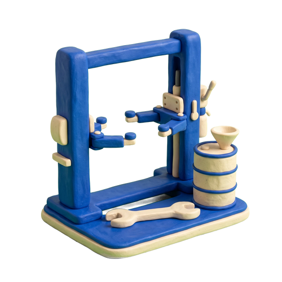 Oil change service illustration in blue and ivory clay