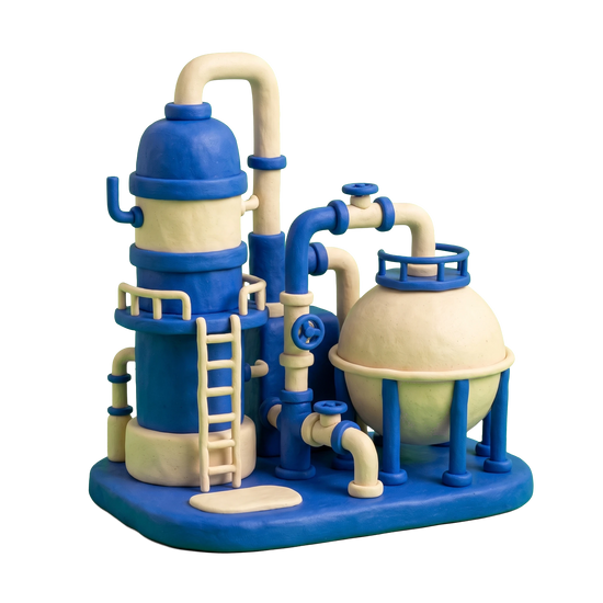Oil refinery illustration in blue and ivory clay