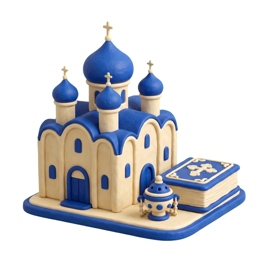 Orthodox church illustration in blue and ivory clay