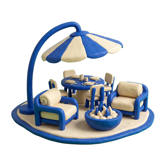 Outdoor furniture store illustration in blue and ivory clay
