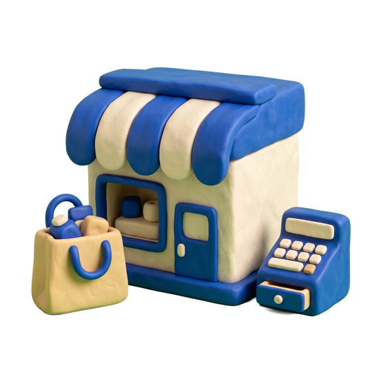 Outlet store illustration in blue and ivory clay
