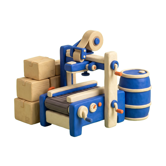 Packaging company illustration in blue and ivory clay