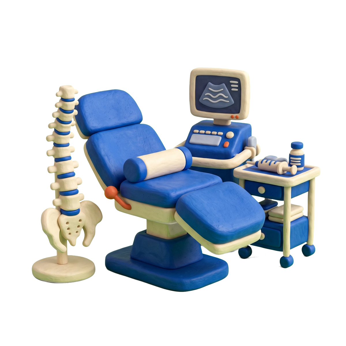Pain management physician illustration in blue and ivory clay