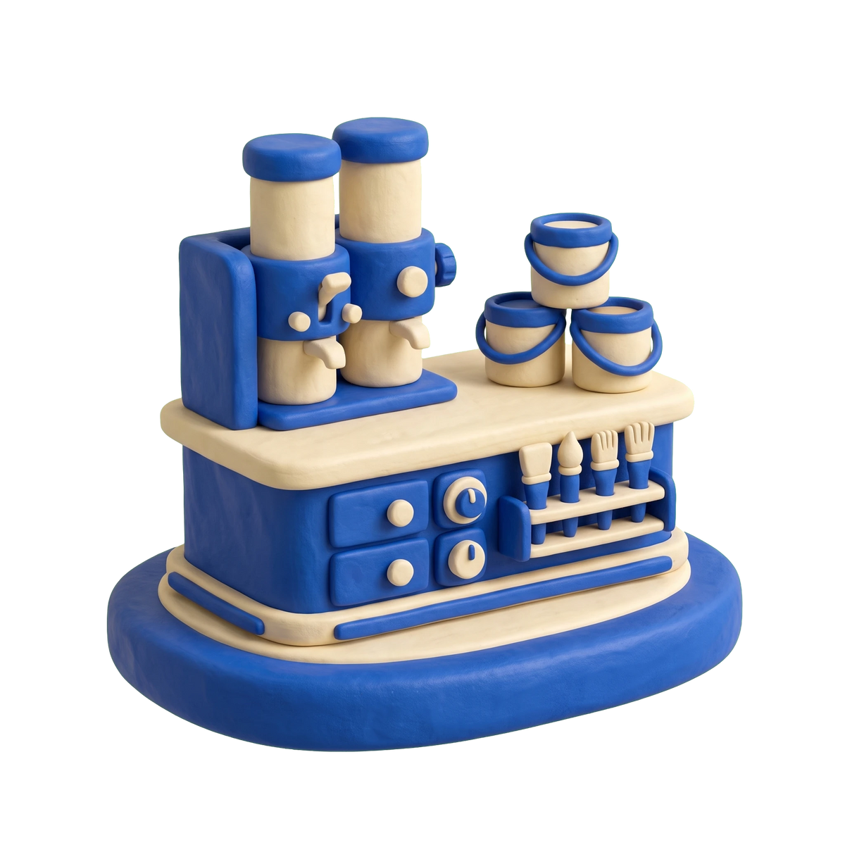 Paint store illustration in blue and ivory clay