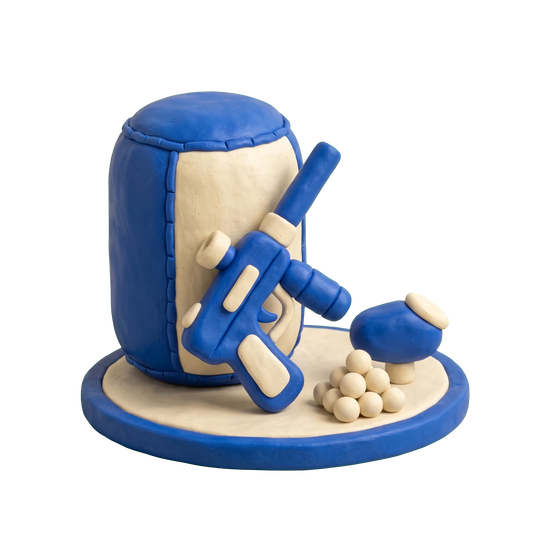 Paintball center illustration in blue and ivory clay