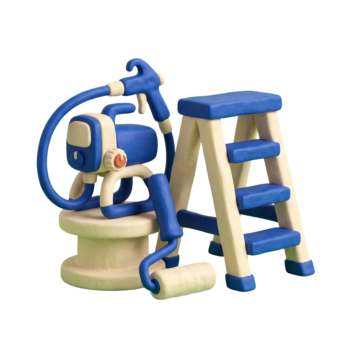 Painter illustration in blue and ivory clay