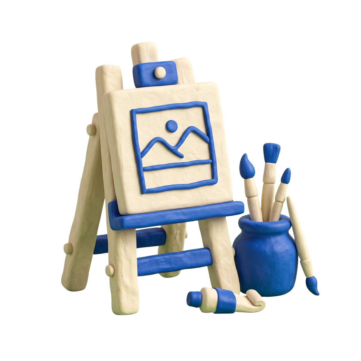 Painting studio illustration in blue and ivory clay