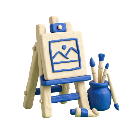 Painting studio illustration in blue and ivory clay