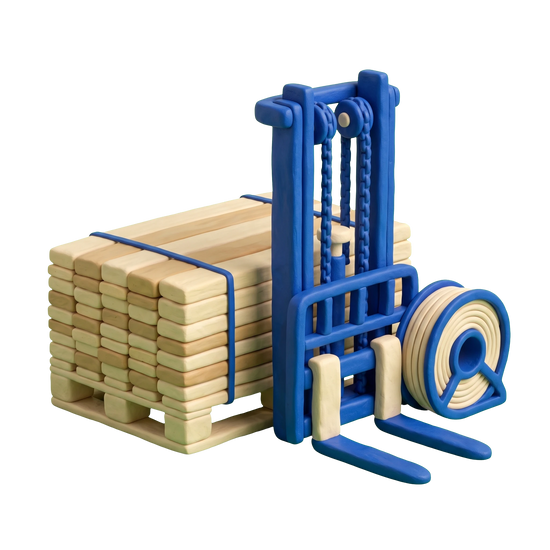 Pallet supplier illustration in blue and ivory clay