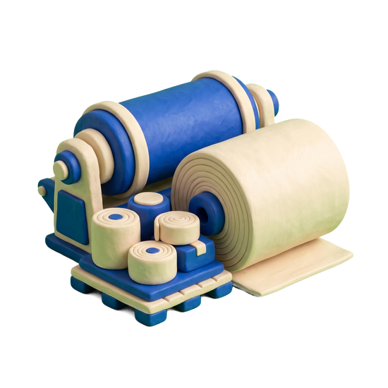 Paper mill illustration in blue and ivory clay