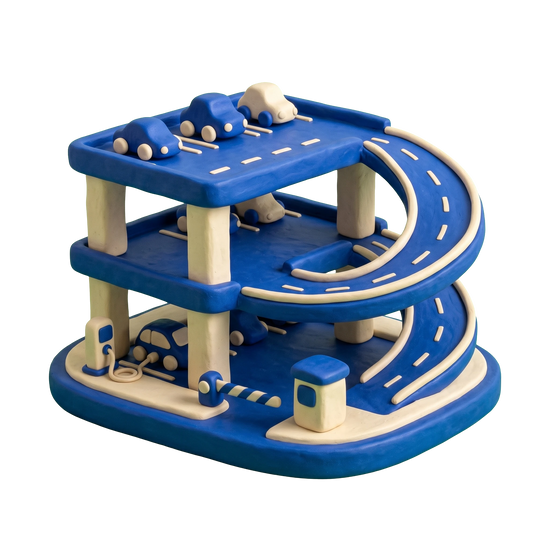 Parking garage illustration in blue and ivory clay