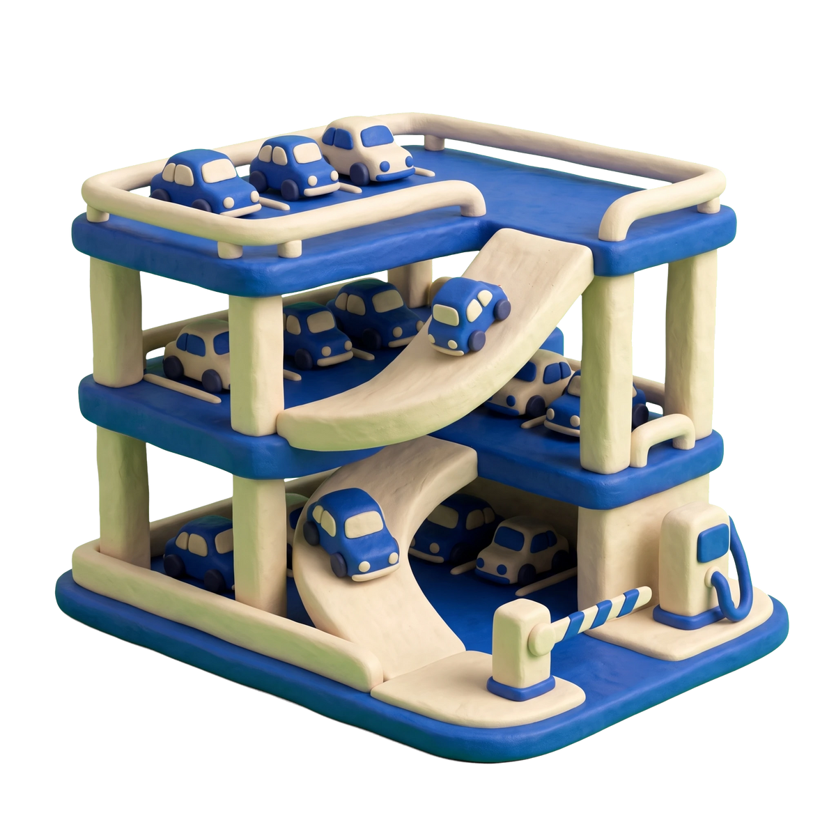 Parking lot illustration in blue and ivory clay