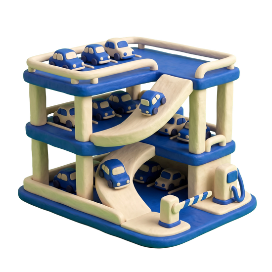 Parking lot illustration in blue and ivory clay