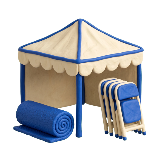 Party equipment rental service illustration in blue and ivory clay