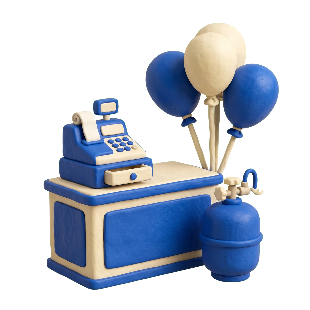 Party store illustration in blue and ivory clay