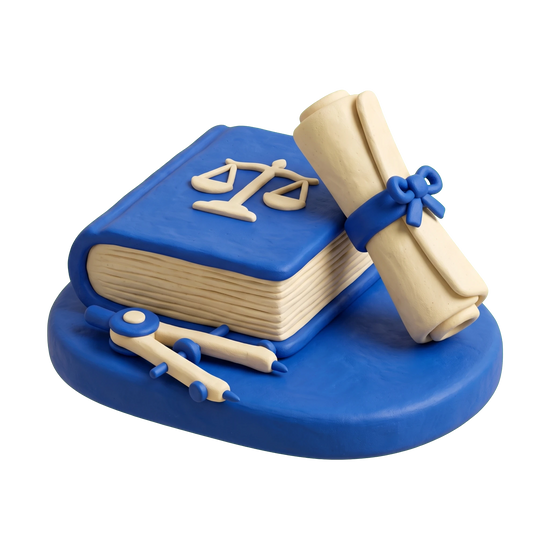 Patent attorney illustration in blue and ivory clay
