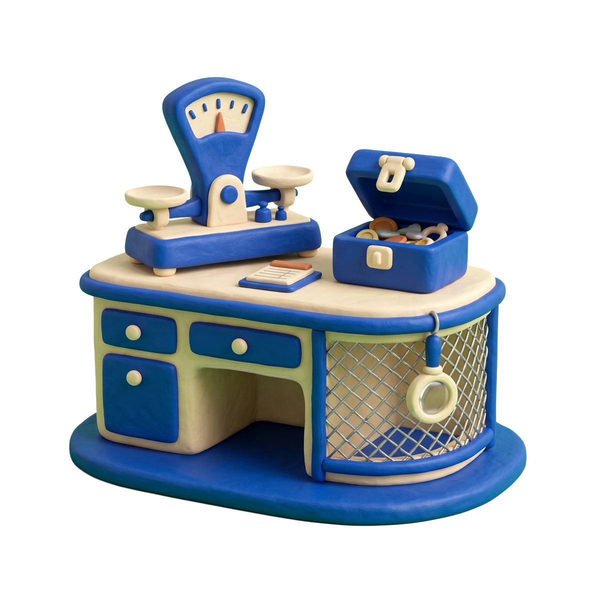Pawn shop illustration in blue and ivory clay