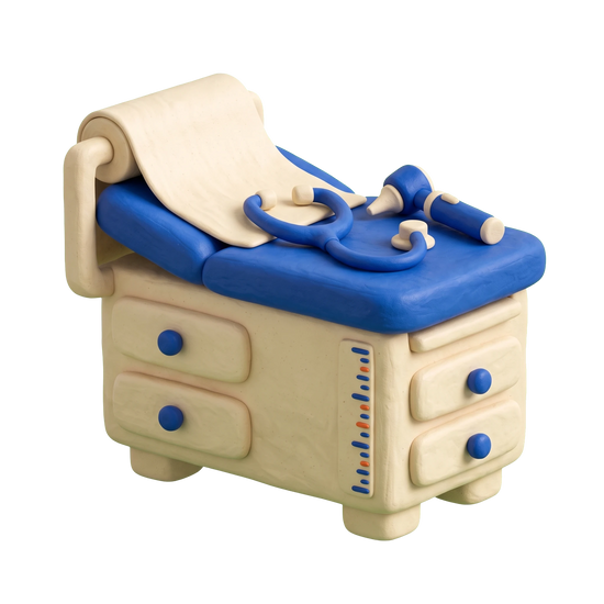 Pediatric clinic illustration in blue and ivory clay