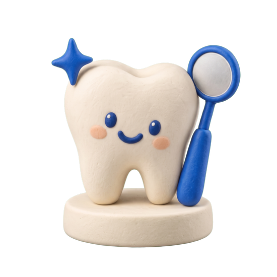 Pediatric dentist illustration in blue and ivory clay