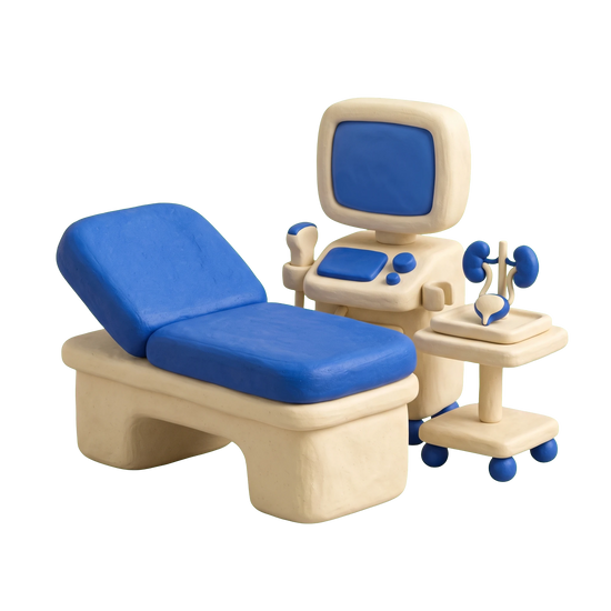 Pediatric urologist illustration in blue and ivory clay