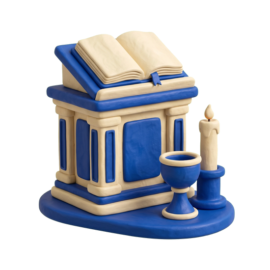 Pentecostal church illustration in blue and ivory clay