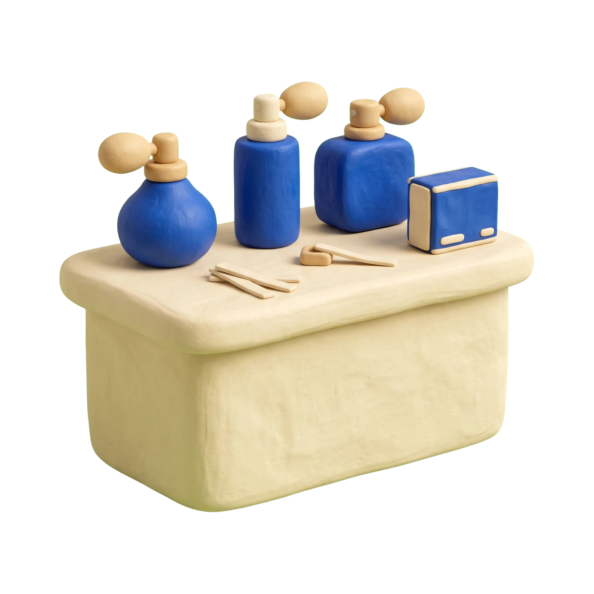 Perfume store illustration in blue and ivory clay