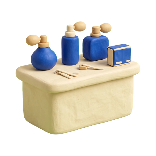 Perfume store illustration in blue and ivory clay
