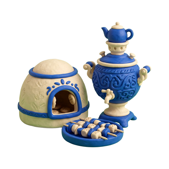 Persian restaurant illustration in blue and ivory clay