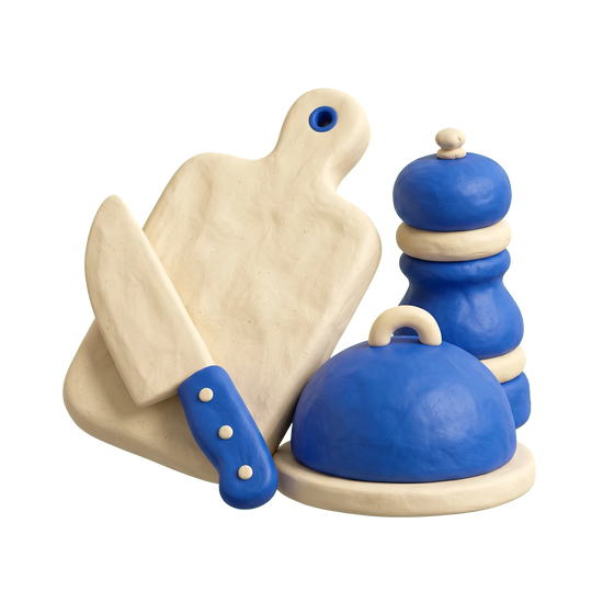 Personal chef service illustration in blue and ivory clay