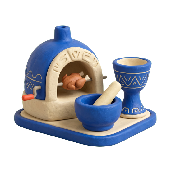 Peruvian restaurant illustration in blue and ivory clay