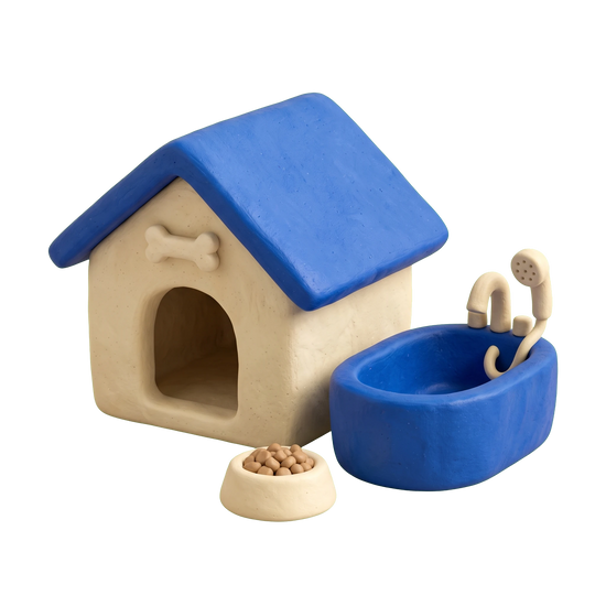 Pet boarding service illustration in blue and ivory clay