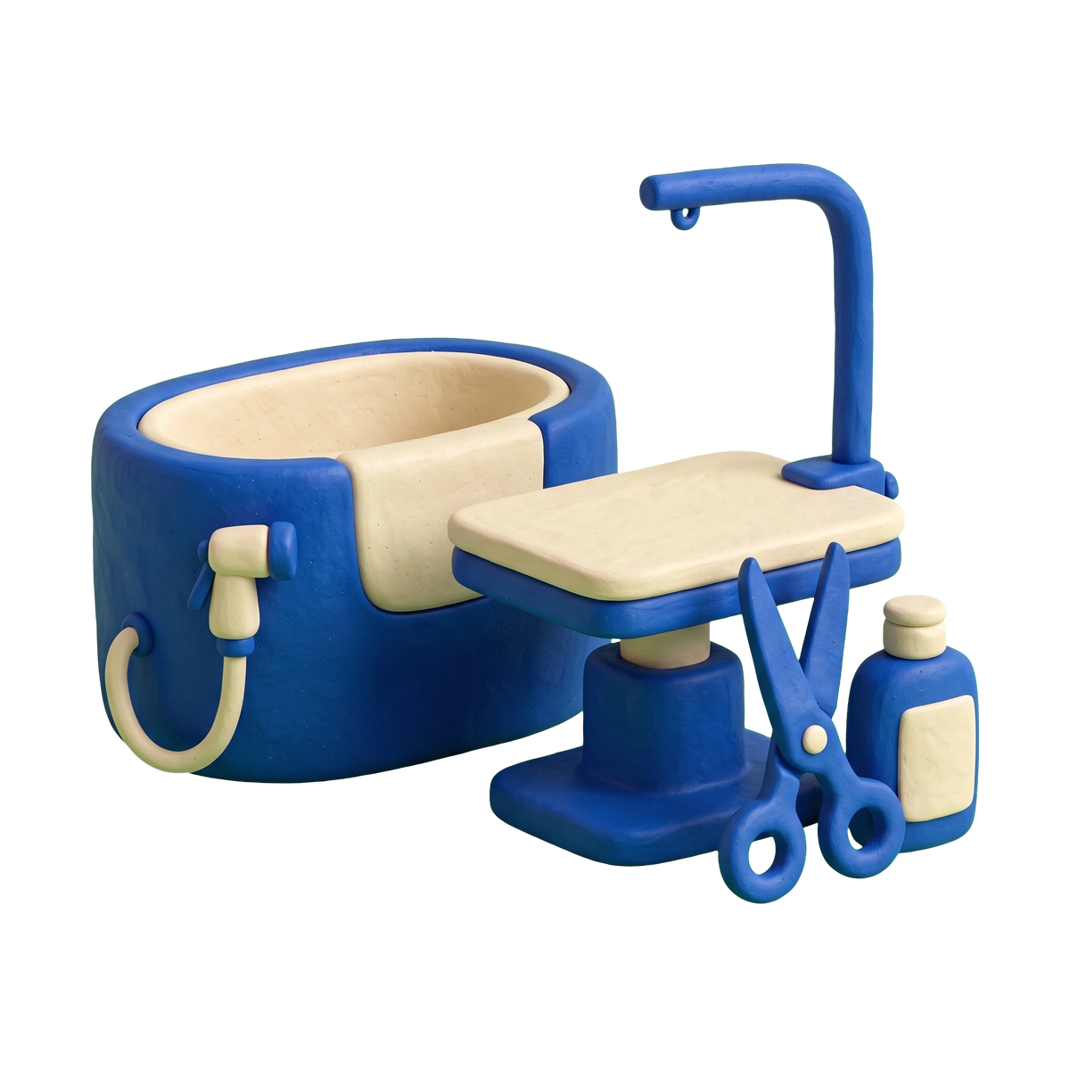 Pet groomer illustration in blue and ivory clay