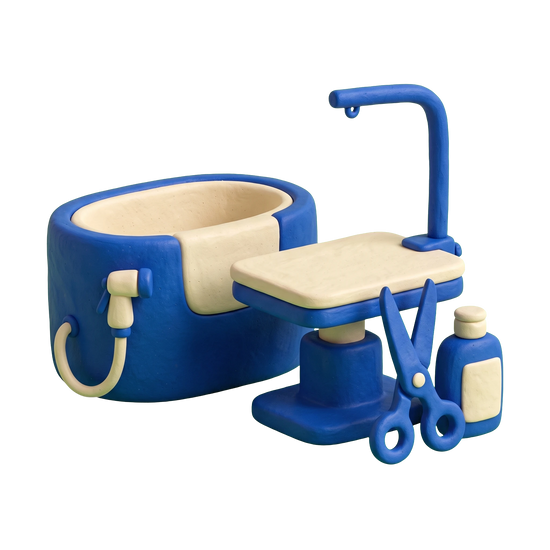 Pet groomer illustration in blue and ivory clay