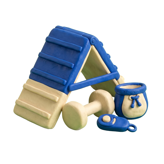 Pet trainer illustration in blue and ivory clay