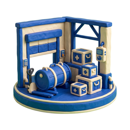 Pharmaceutical products wholesaler illustration in blue and ivory clay