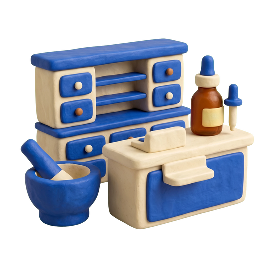 Pharmacy illustration in blue and ivory clay