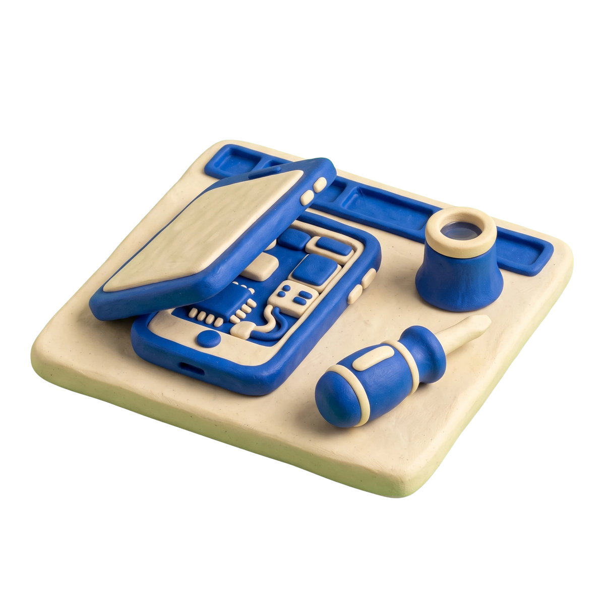 Phone repair service illustration in blue and ivory clay