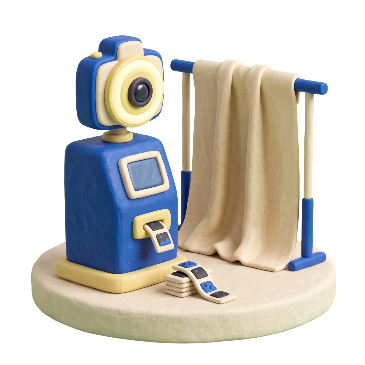 Photo booth illustration in blue and ivory clay