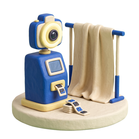 Photo booth illustration in blue and ivory clay