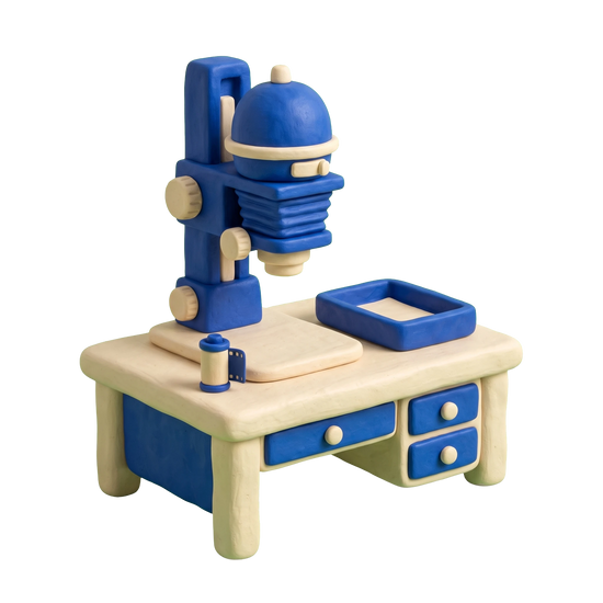 Photo lab illustration in blue and ivory clay