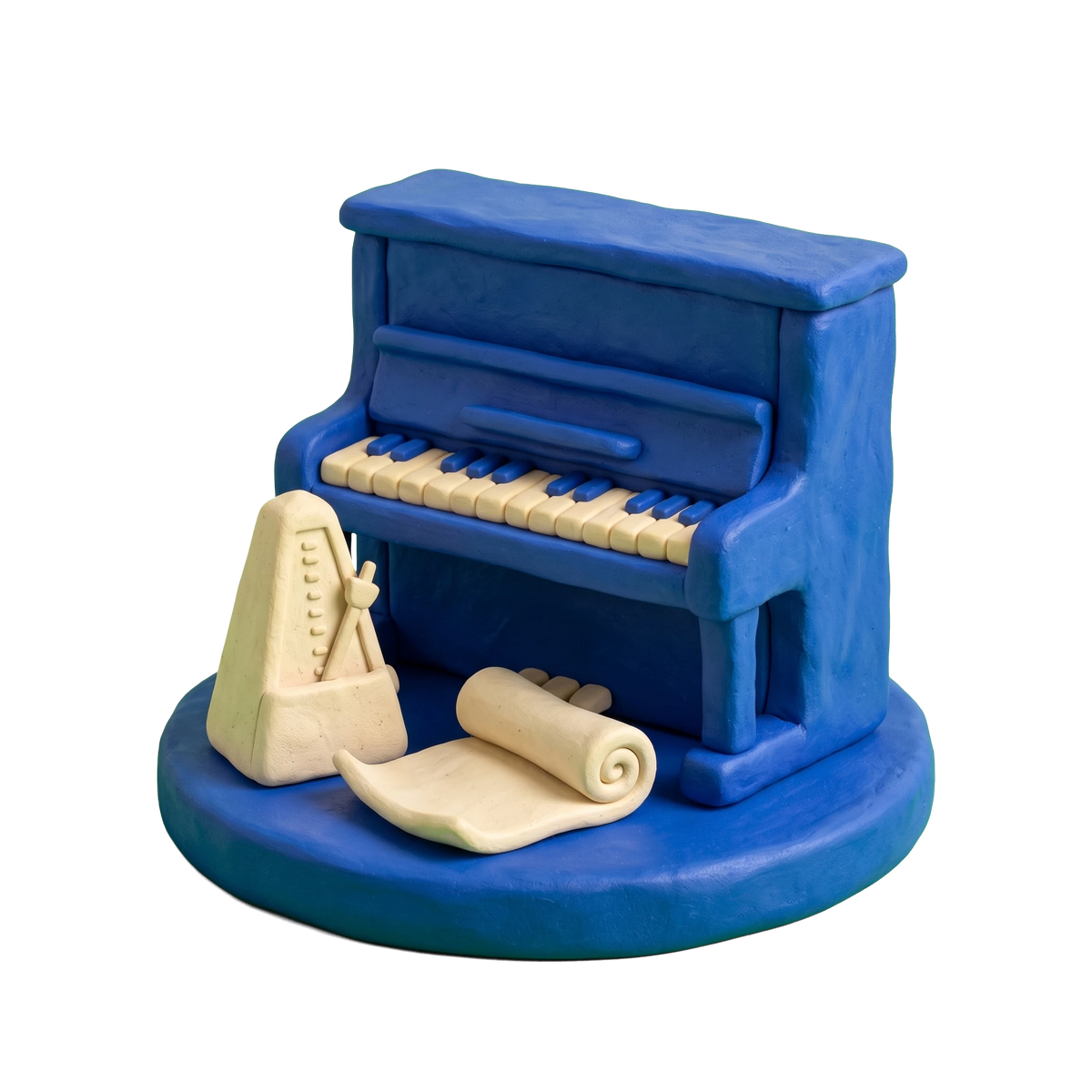 Piano store illustration in blue and ivory clay