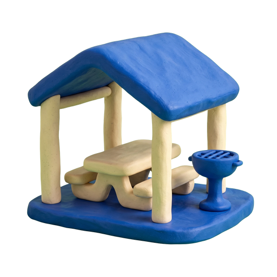 Picnic ground illustration in blue and ivory clay