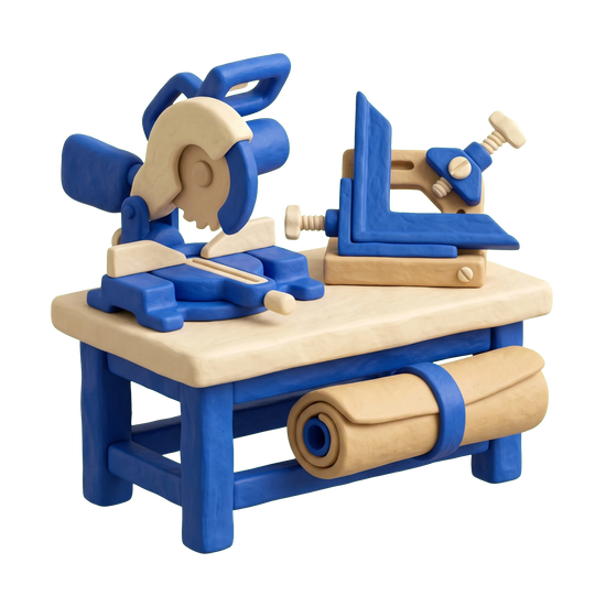 Picture frame shop illustration in blue and ivory clay