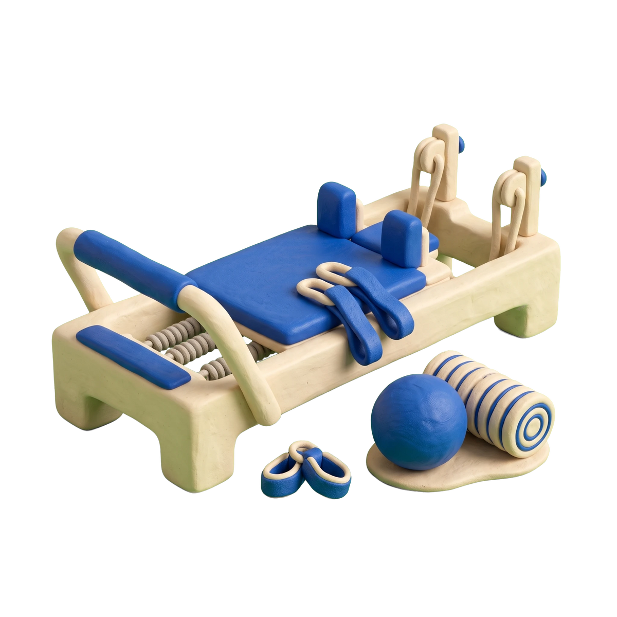 Pilates studio illustration in blue and ivory clay